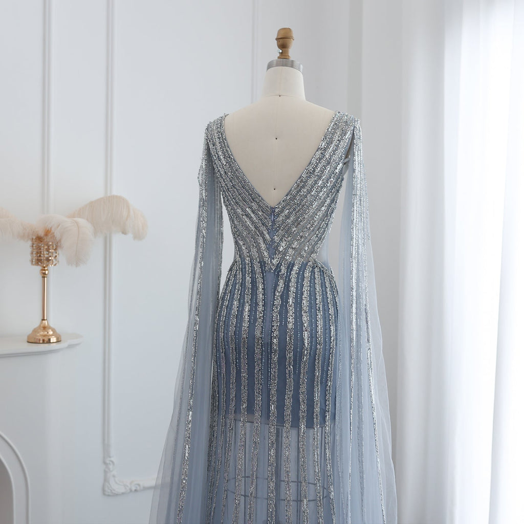 Luxury Beaded Blue V-Neck Mermaid Evening Dress with Cape Sleeves SS251