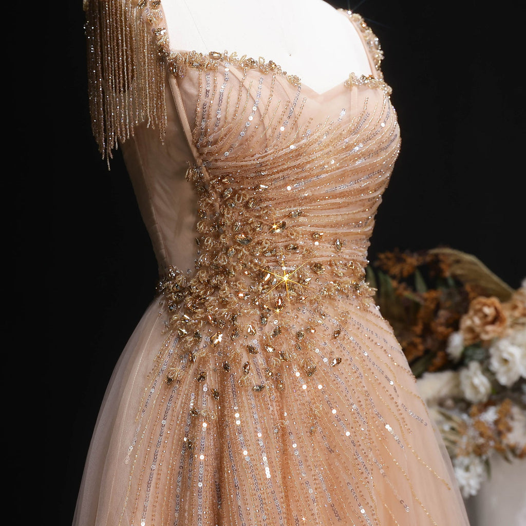 Elegant Blue Beaded Tassel Tulle A-Line Evening Dress SS058