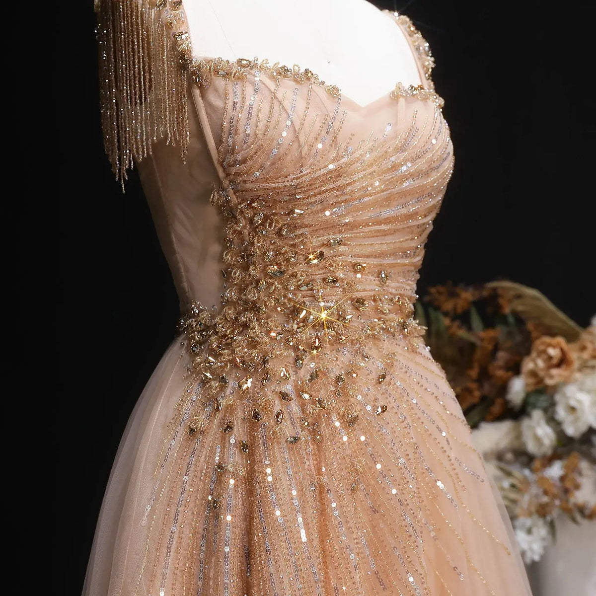 Luxury Blue Tassel Beaded Tulle A-Line Evening Dress SS058