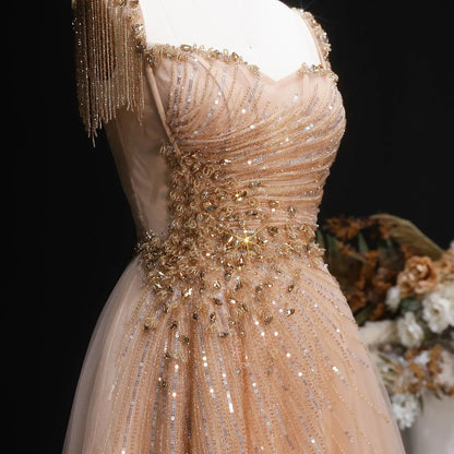 Luxury Blue Tassel Beaded Tulle A-Line Evening Dress SS058
