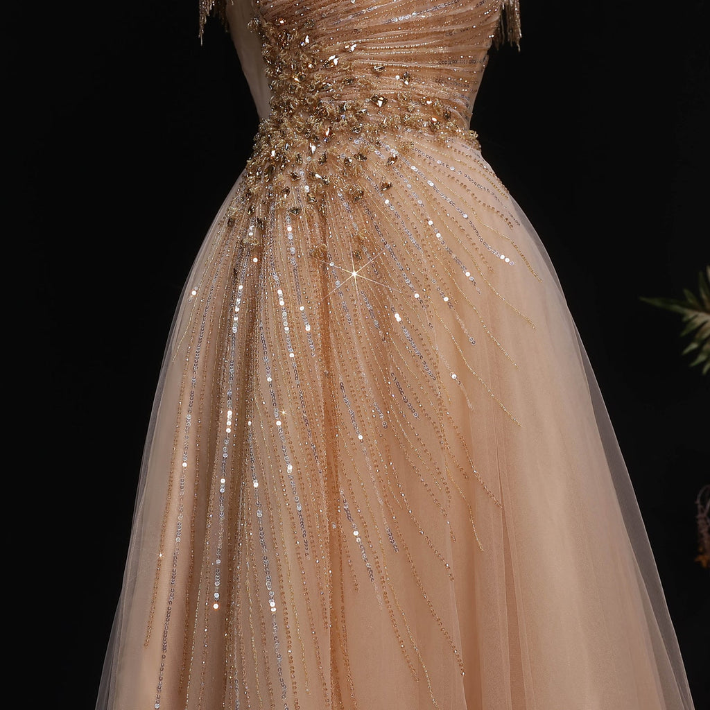 Elegant Blue Beaded Tassel Tulle A-Line Evening Dress SS058