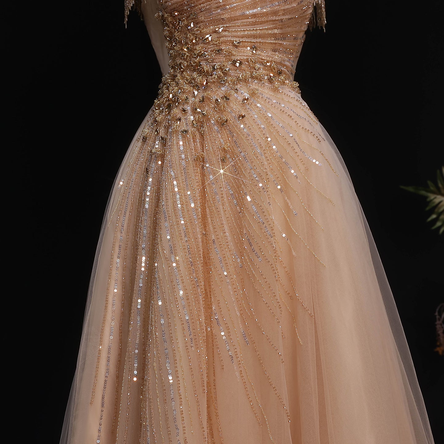 Elegant Blue Beaded Tassel Tulle A-Line Evening Dress SS058