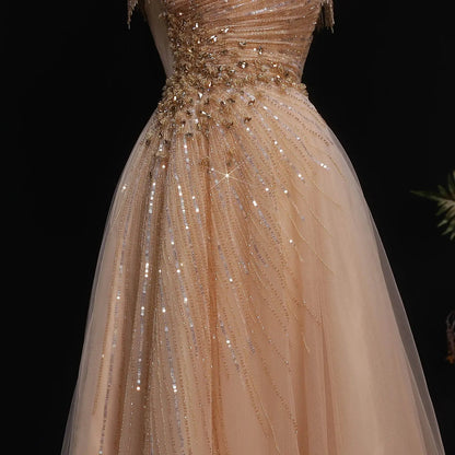 Luxury Blue Tassel Beaded Tulle A-Line Evening Dress SS058