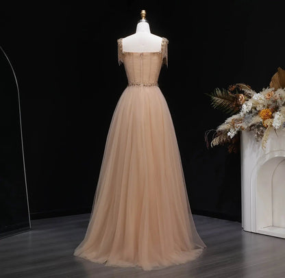 Luxury Blue Tassel Beaded Tulle A-Line Evening Dress SS058