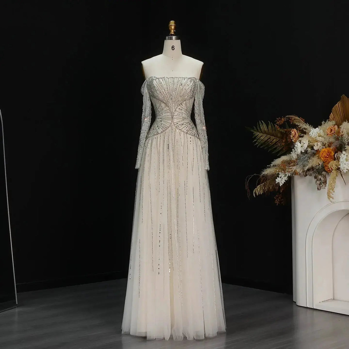 Elegant Beige Off-the-Shoulder Beaded Tulle Evening Dress SS507