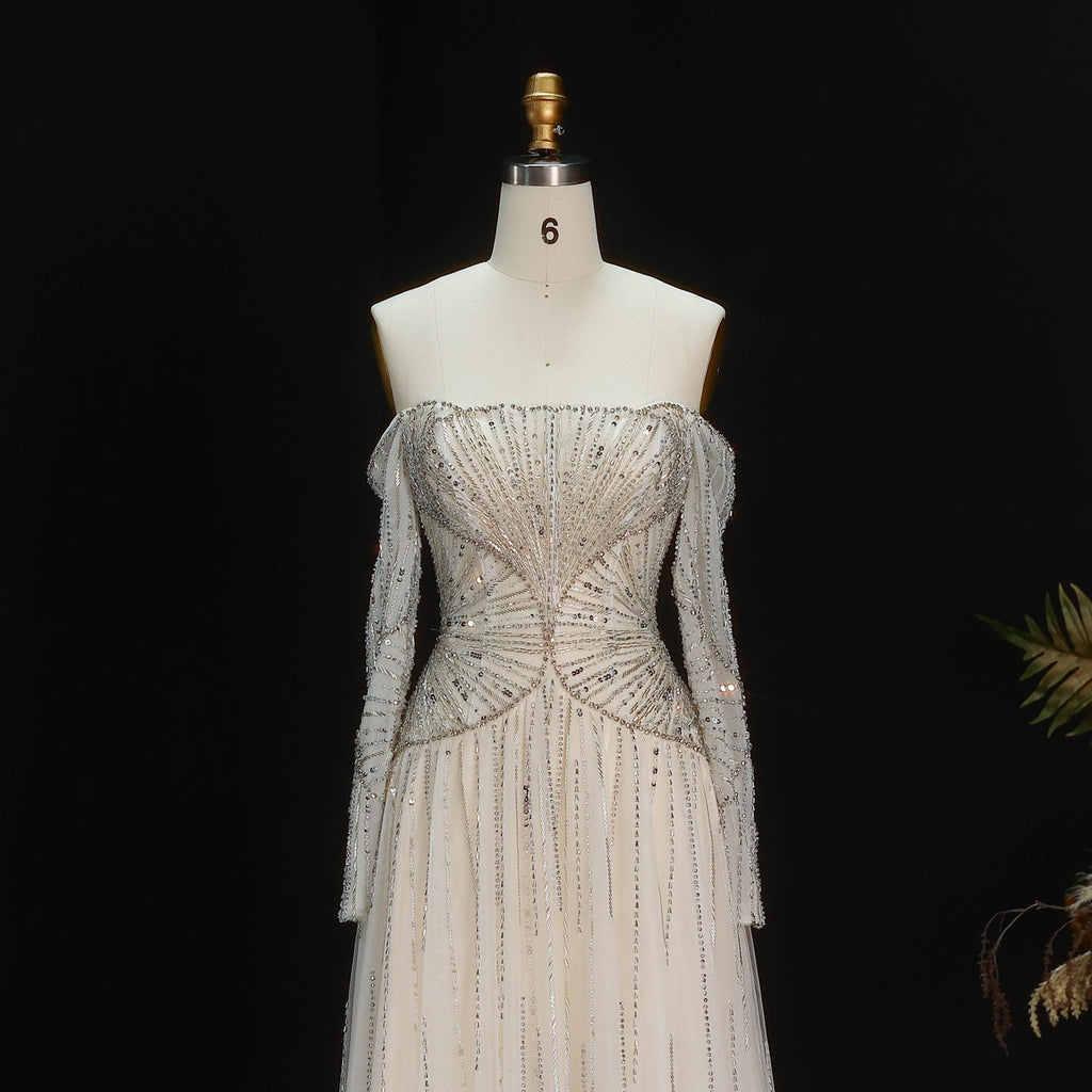 Glamorous Beige Beaded Tulle Long Sleeve Evening Dress SS507