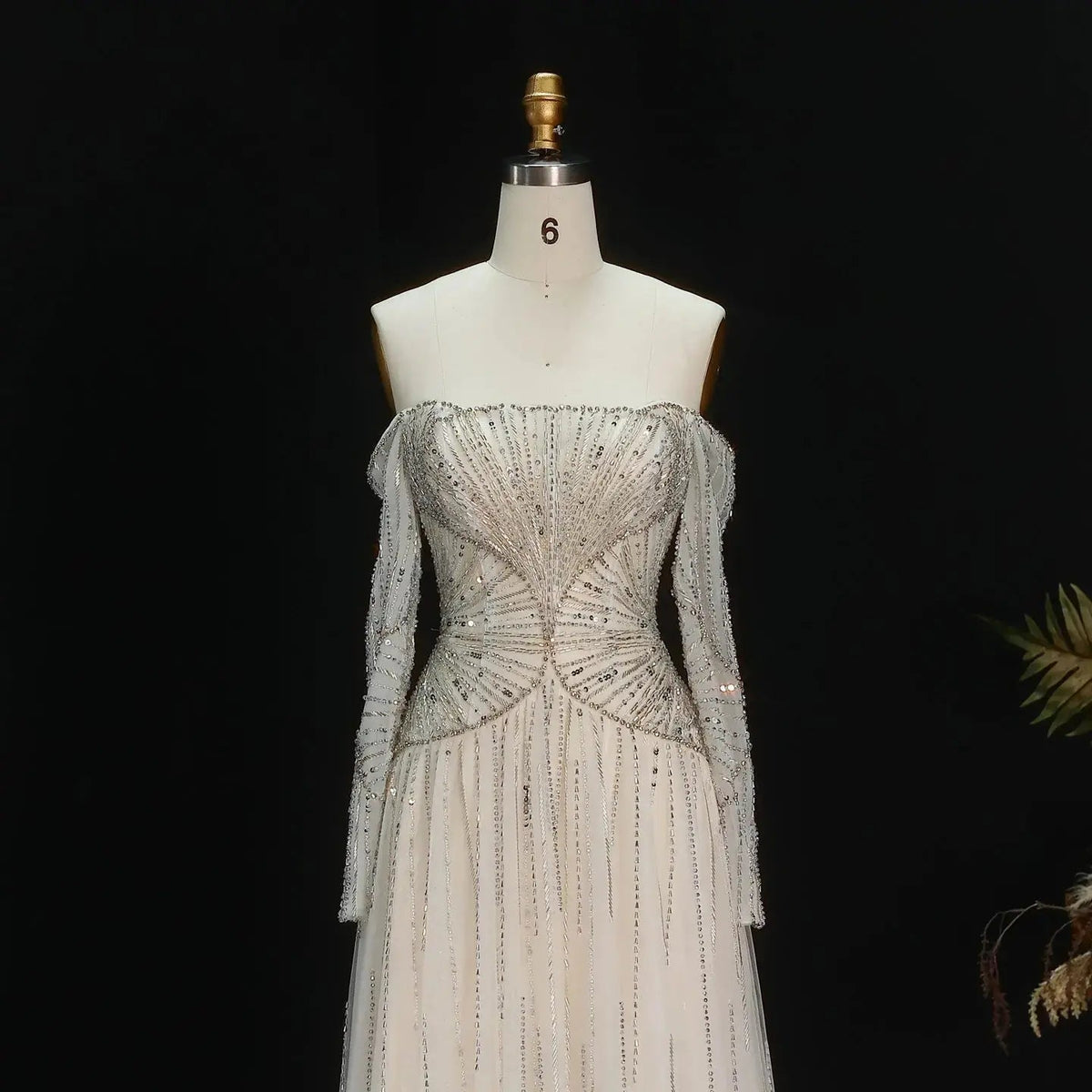 Elegant Beige Off-the-Shoulder Beaded Tulle Evening Dress SS507