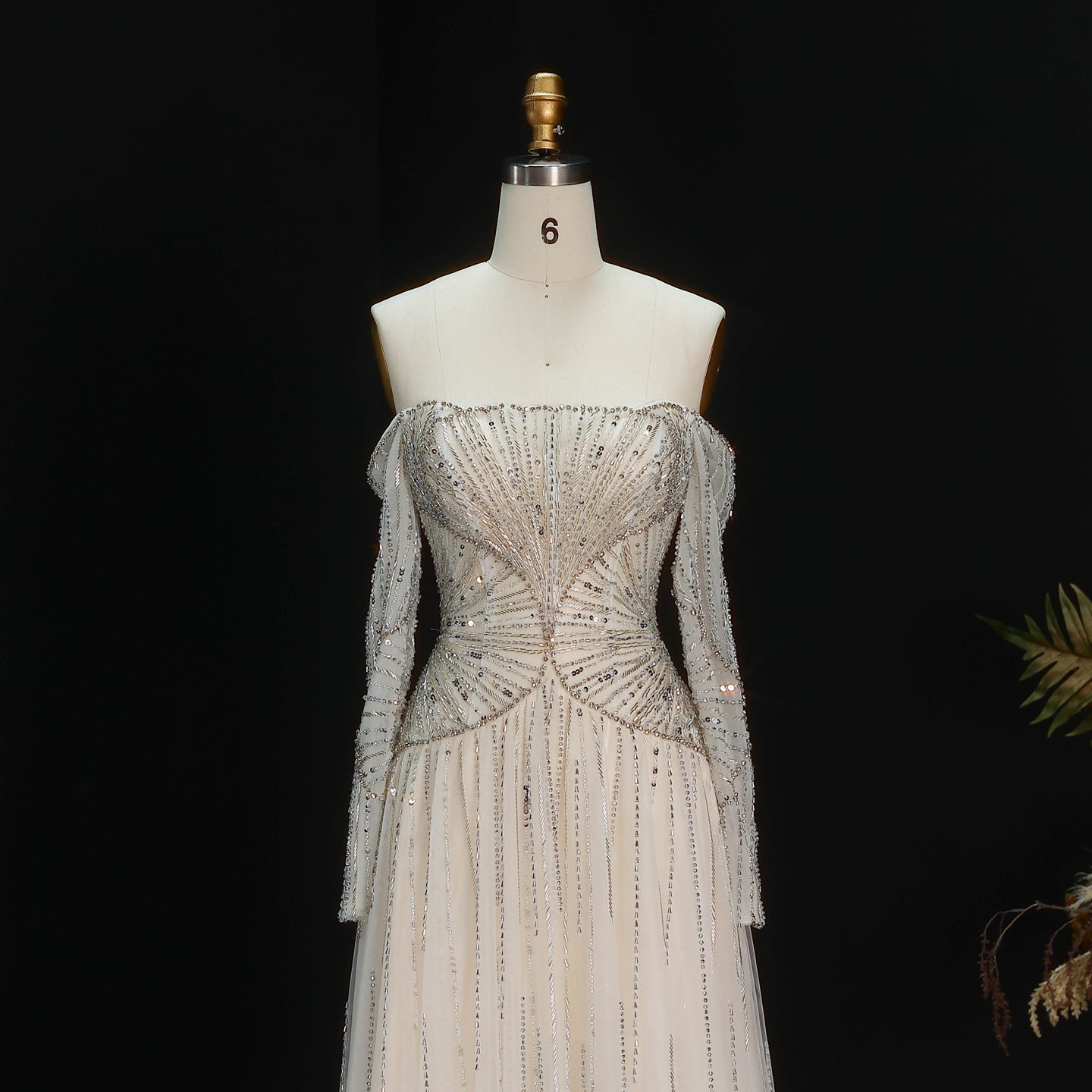 Glamorous Beige Beaded Tulle Long Sleeve Evening Dress SS507