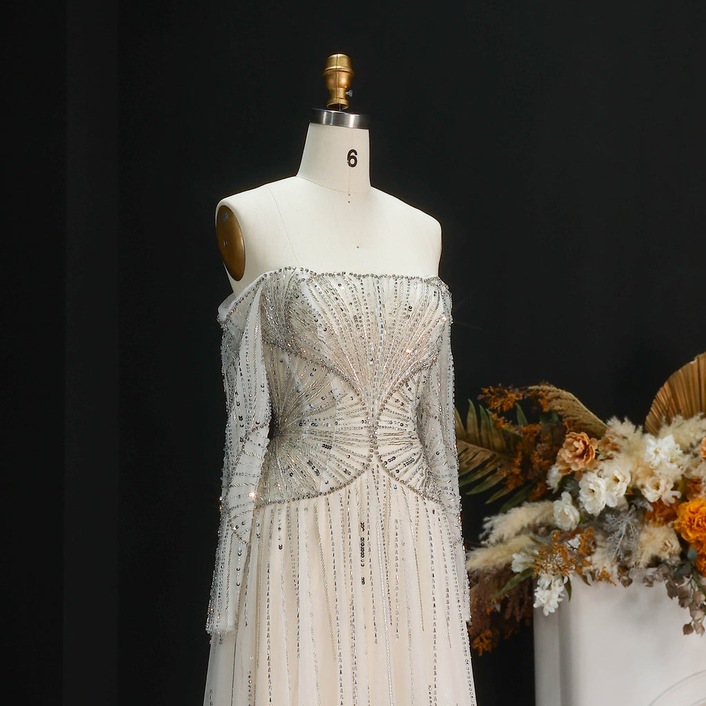 Glamorous Beige Beaded Tulle Long Sleeve Evening Dress SS507