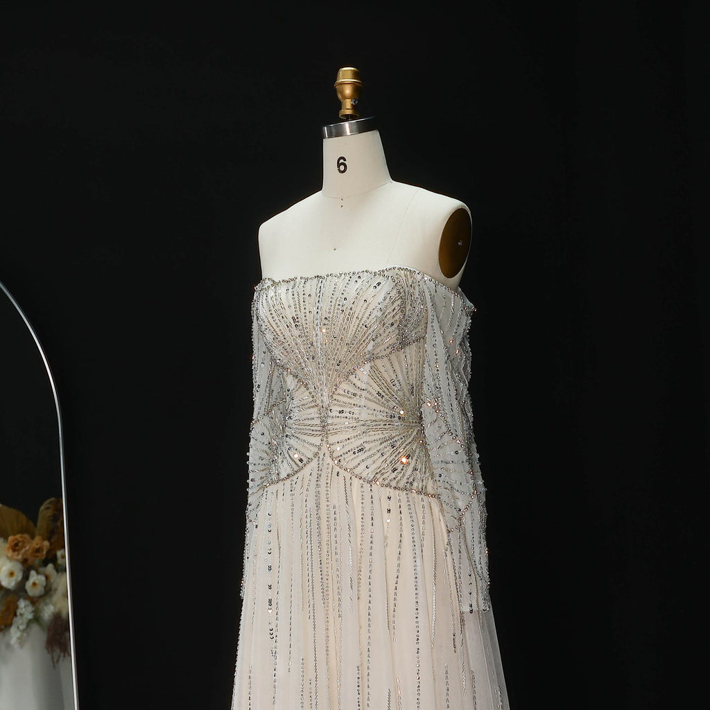 Glamorous Beige Beaded Tulle Long Sleeve Evening Dress SS507