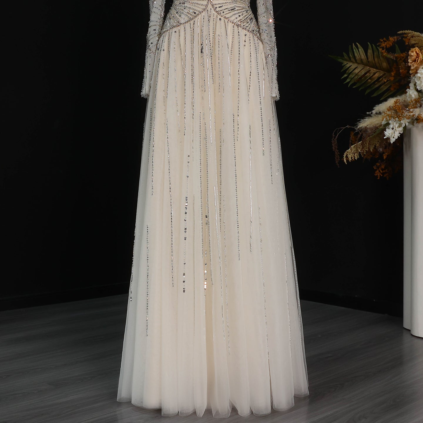 Glamorous Beige Beaded Tulle Long Sleeve Evening Dress SS507