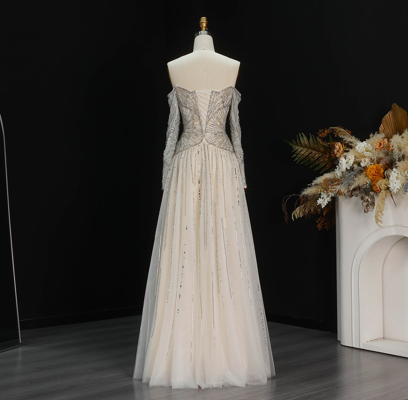 Glamorous Beige Beaded Tulle Long Sleeve Evening Dress SS507