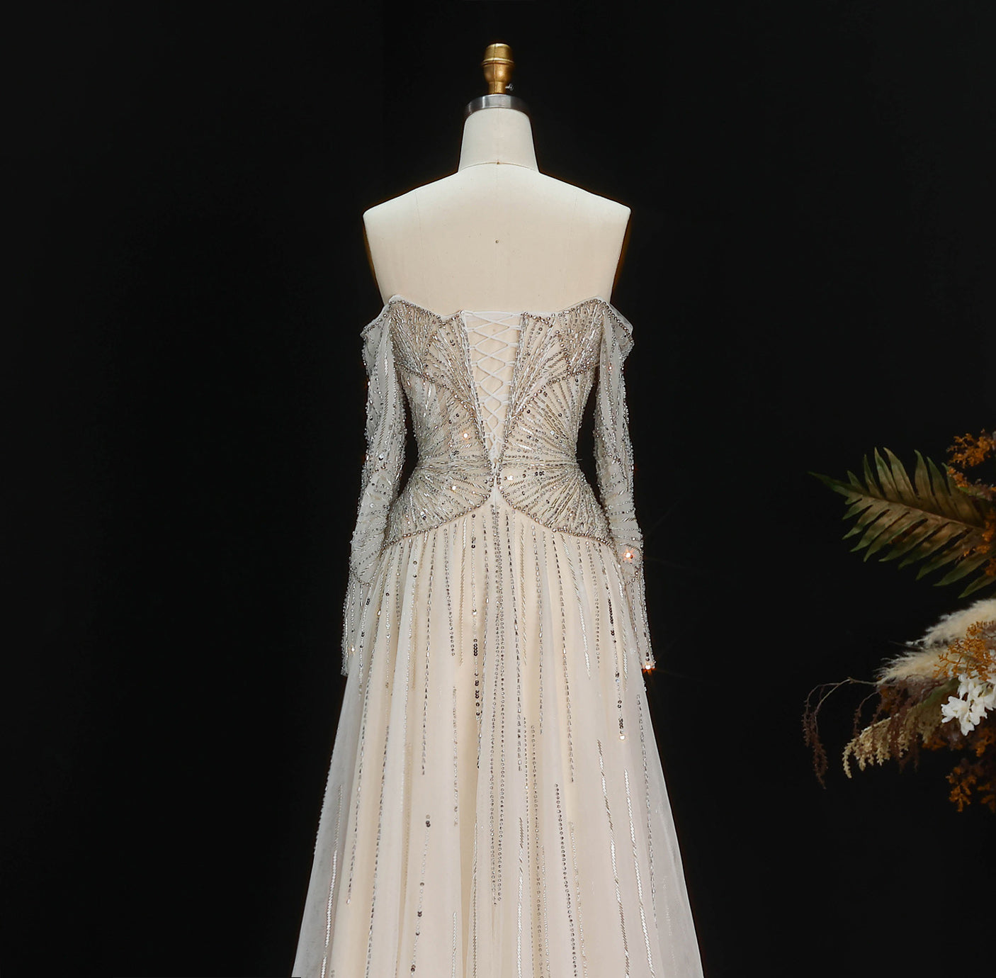 Glamorous Beige Beaded Tulle Long Sleeve Evening Dress SS507