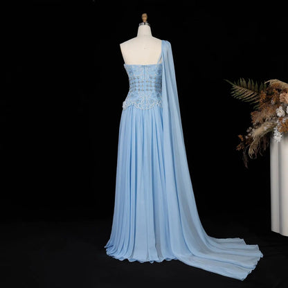 Luxury Blush Pink Beaded 3D Floral One-Shoulder Cape Evening Dress SS285