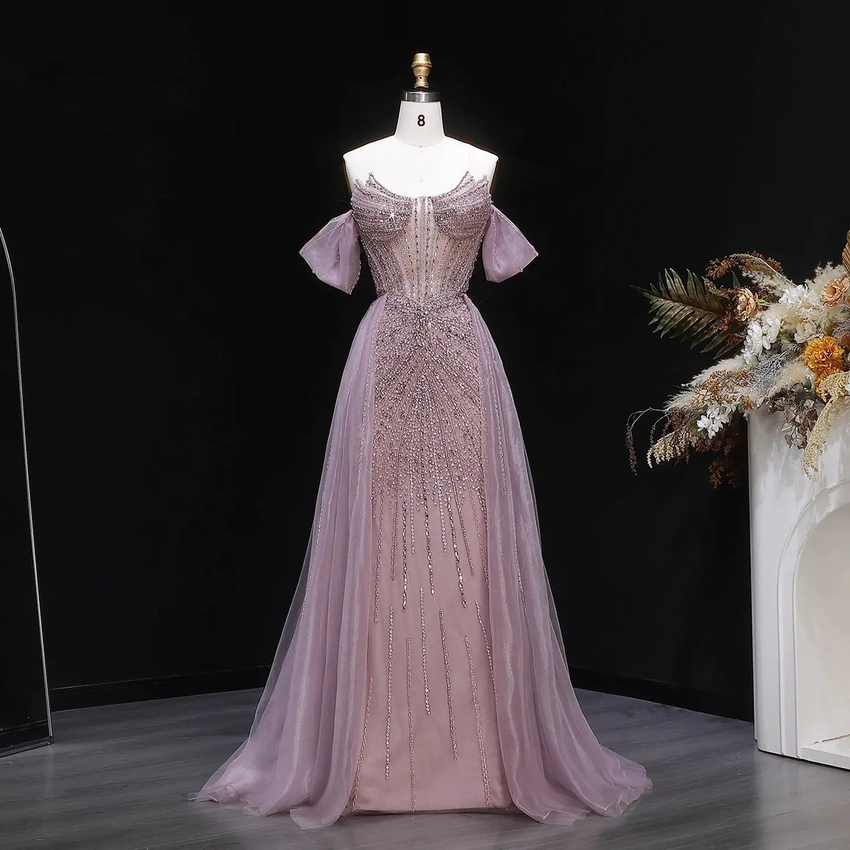 Glamorous Pink Off-the-Shoulder Beaded Crystal Corset Evening Dress SS120