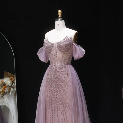 Glamorous Pink Off-the-Shoulder Beaded Crystal Corset Evening Dress SS120