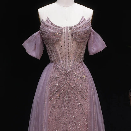 Glamorous Pink Off-the-Shoulder Beaded Crystal Corset Evening Dress SS120