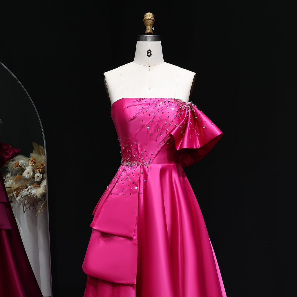 Elegant Crystal Lavender A-Line Pleats Satin Evening Dress SS592