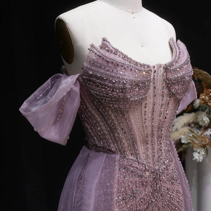 Glamorous Pink Off-the-Shoulder Beaded Crystal Corset Evening Dress SS120