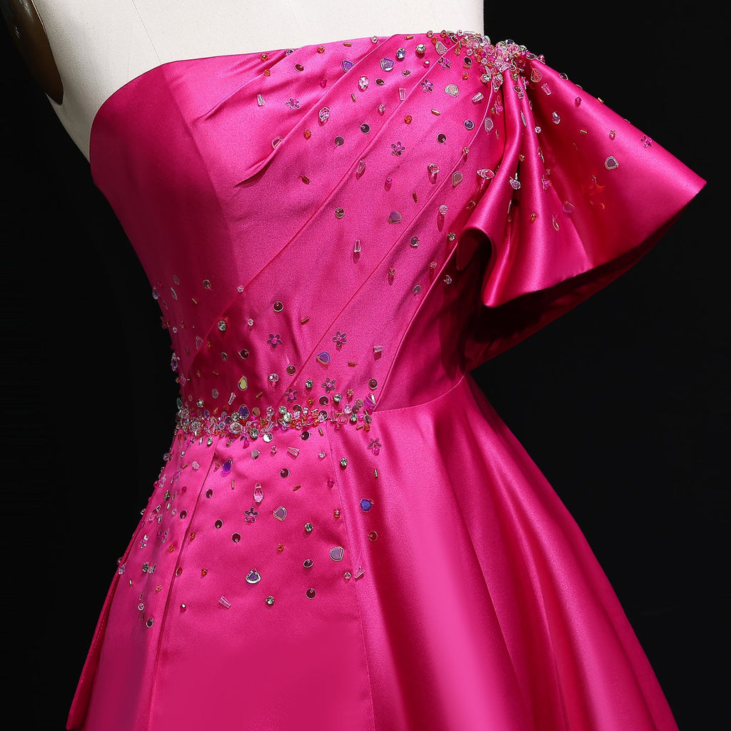 Elegant Crystal Lavender A-Line Pleats Satin Evening Dress SS592