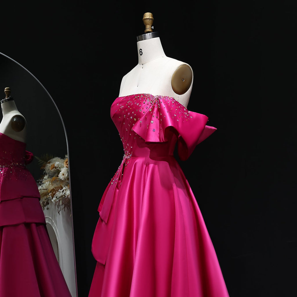 Elegant Crystal Lavender A-Line Pleats Satin Evening Dress SS592
