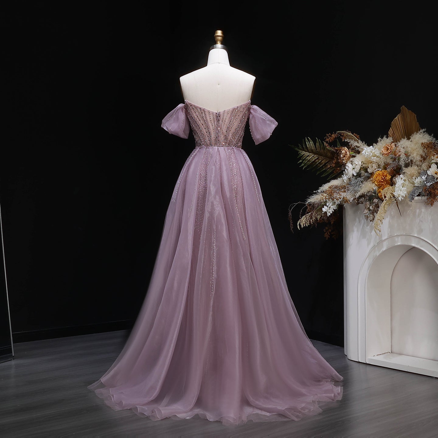 Luxury Pink Off-the-Shoulder Beaded Crystal Corset Evening Dress SS120