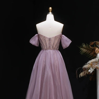 Glamorous Pink Off-the-Shoulder Beaded Crystal Corset Evening Dress SS120