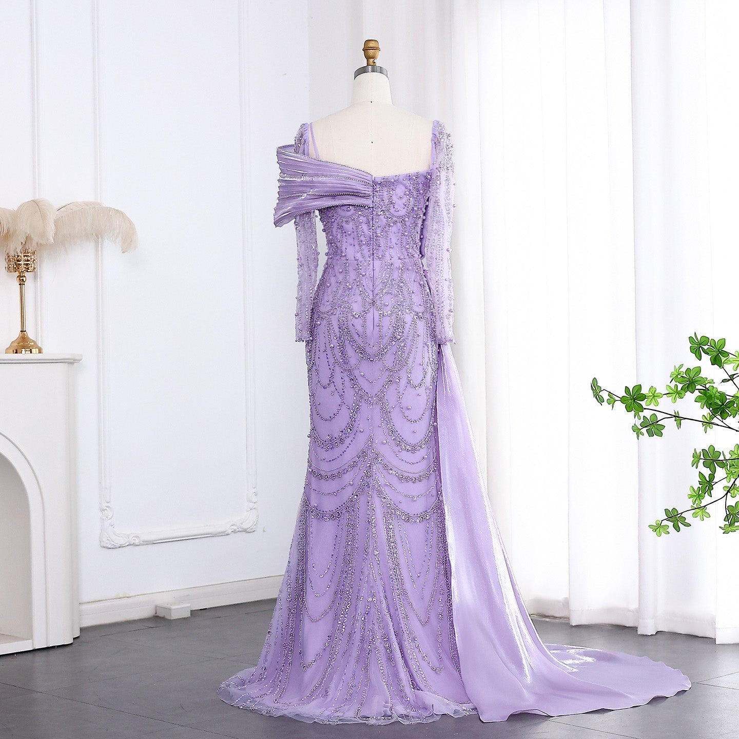 Luxury Nude Crystal Mermaid Long Sleeves Evening Dress with Overskirt SS256