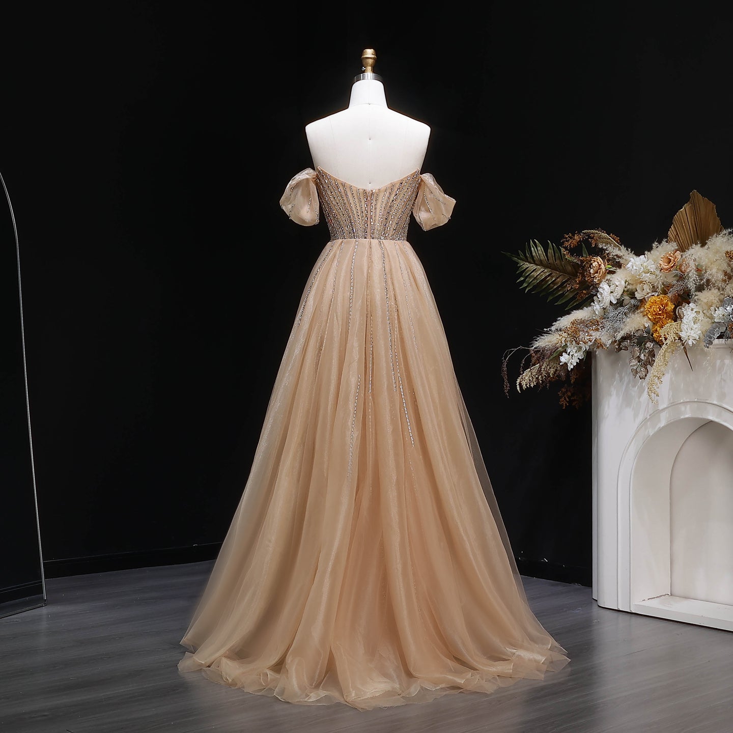 Luxury Pink Off-the-Shoulder Beaded Crystal Corset Evening Dress SS120