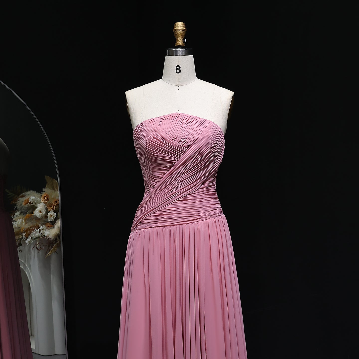 Elegant Red Chiffon A-Line Strapless Long Evening Dress with Slit SF141