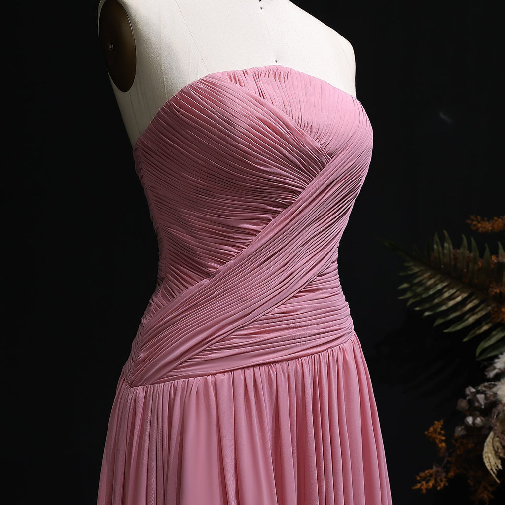 Elegant Red Chiffon A-Line Strapless Long Evening Dress with Slit SF141