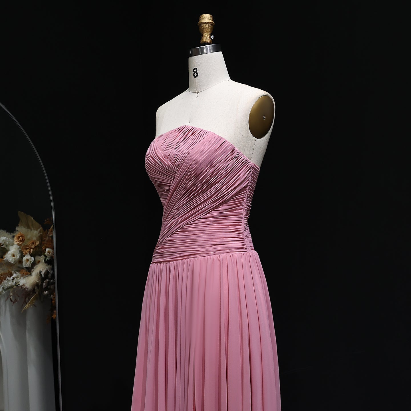 Elegant Red Chiffon A-Line Strapless Long Evening Dress with Slit SF141