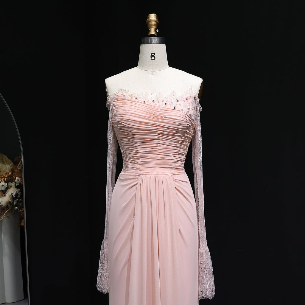 Elegant Crystal Pink Lace Long Sleeve Evening Dress with ruffles SF397