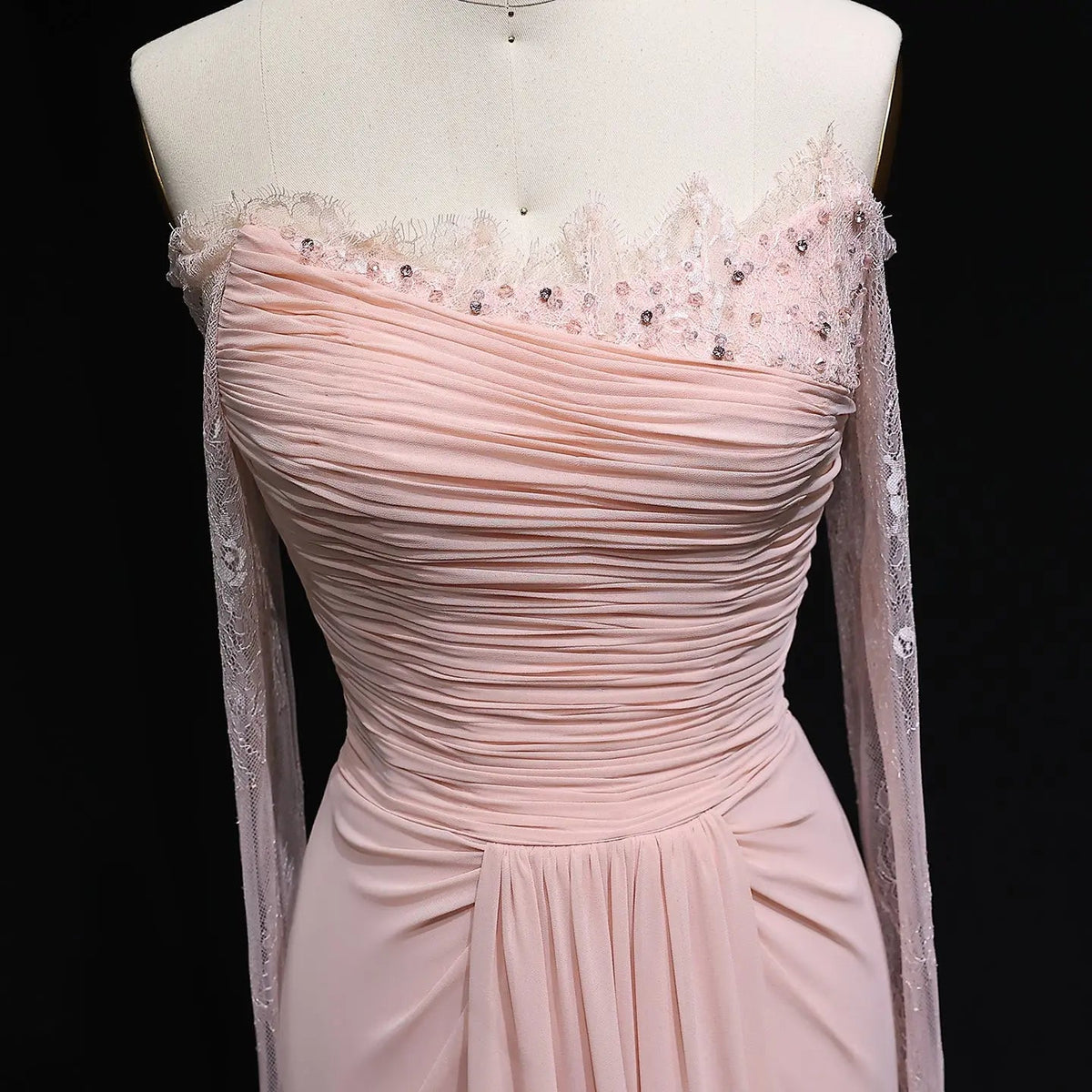 Romantic Pink Off-the-Shoulder Evening Dress with Lace Sleeves SF397