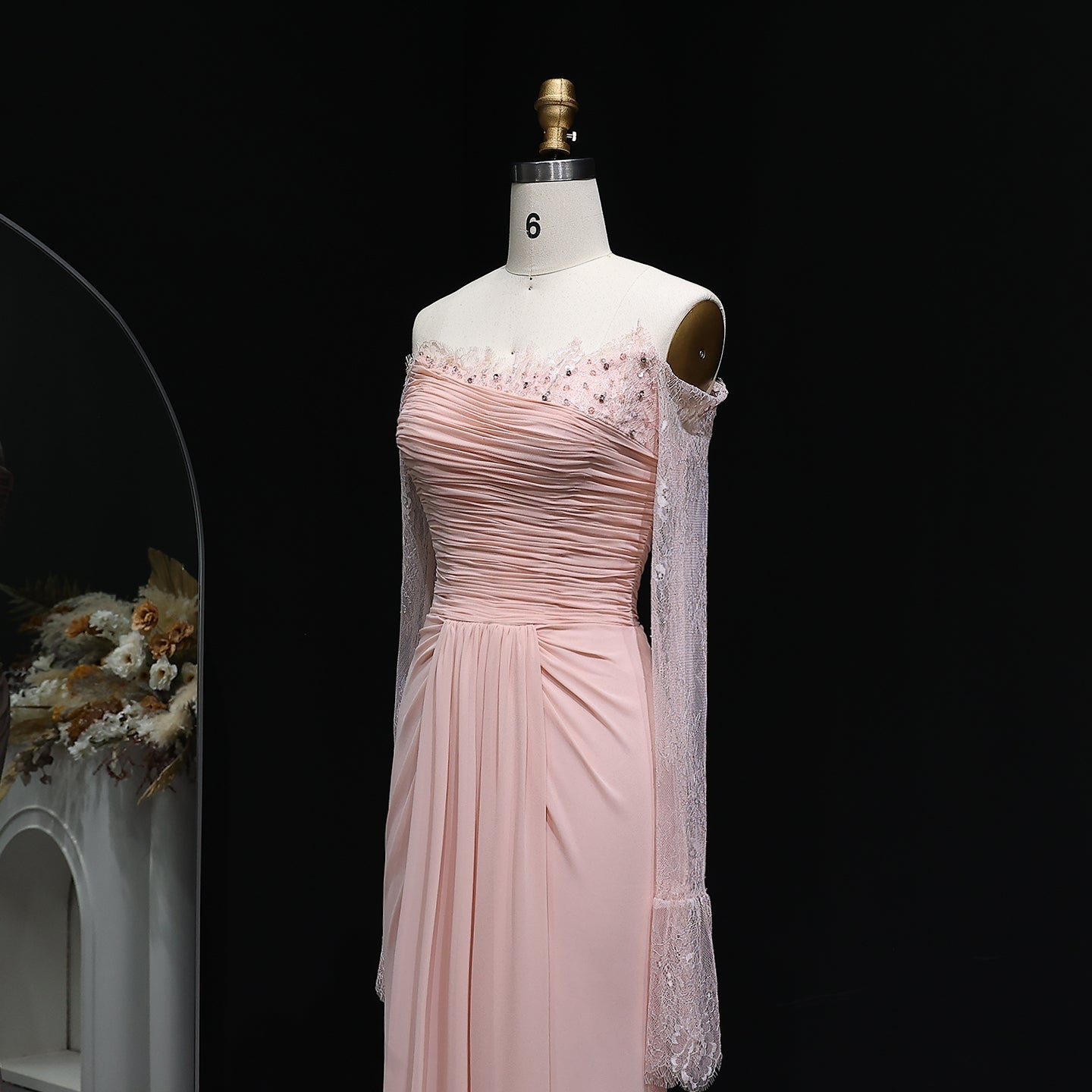 Elegant Crystal Pink Lace Long Sleeve Evening Dress with ruffles SF397