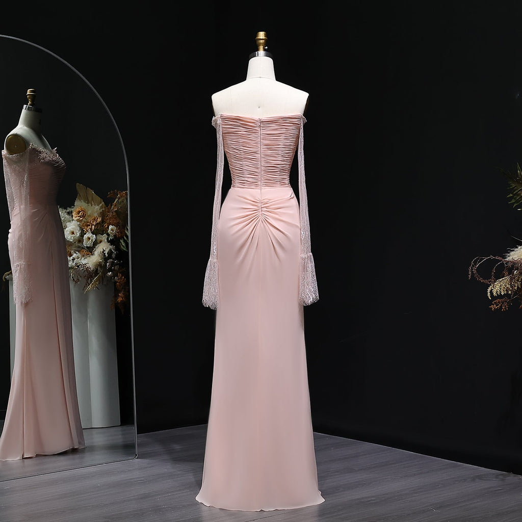 Elegant Crystal Pink Lace Long Sleeve Evening Dress with ruffles SF397