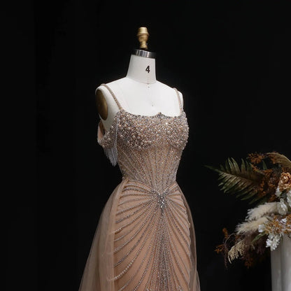 Luxury Green Spaghetti Strap Beaded Evening Dress with Overskirt SS121