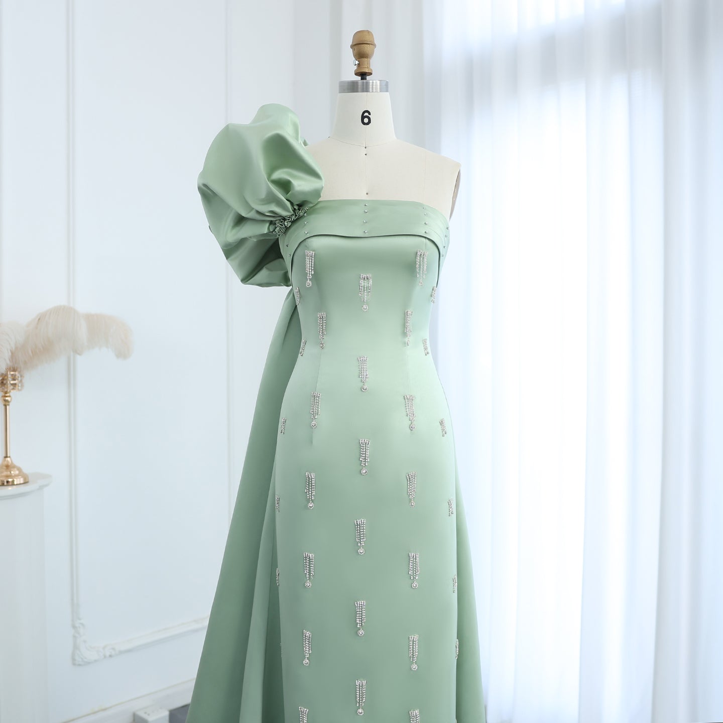 Elegant Crystal Sage Green One Shoulder Evening Dress with Cape SS368