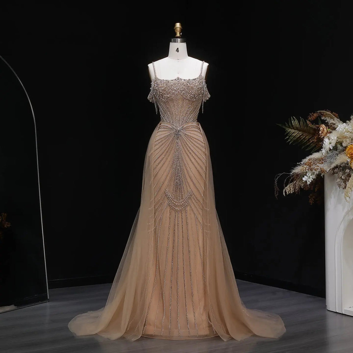 Luxury Green Spaghetti Strap Beaded Evening Dress with Overskirt SS121