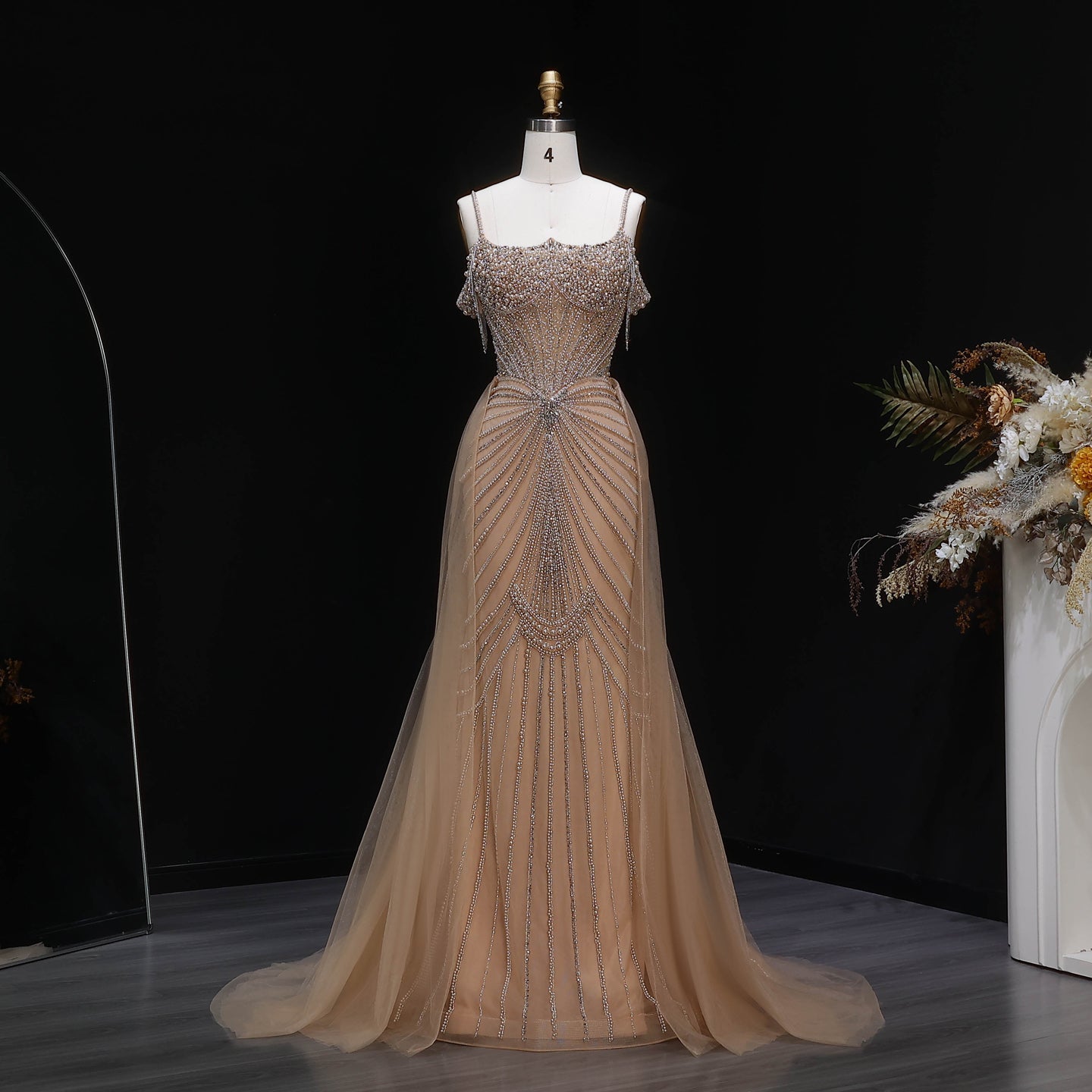 Elegant Green Spaghetti Strap Beaded Evening Dress with Overskirt SS121