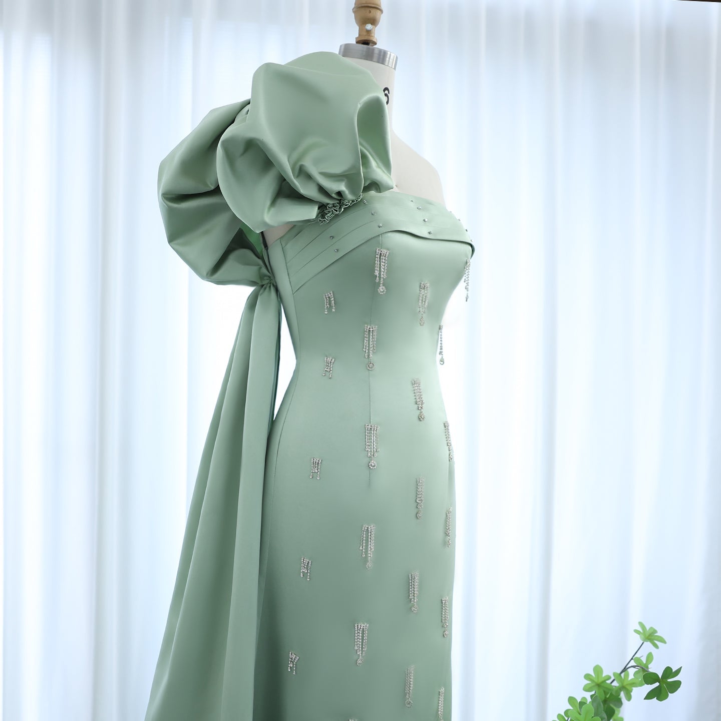Elegant Crystal Sage Green One Shoulder Evening Dress with Cape SS368