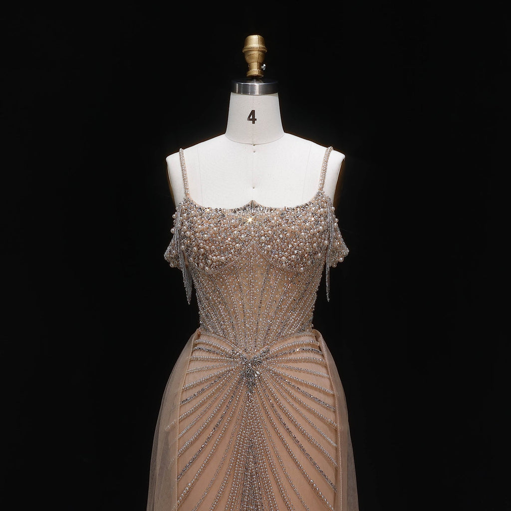 Elegant Green Spaghetti Strap Beaded Evening Dress with Overskirt SS121