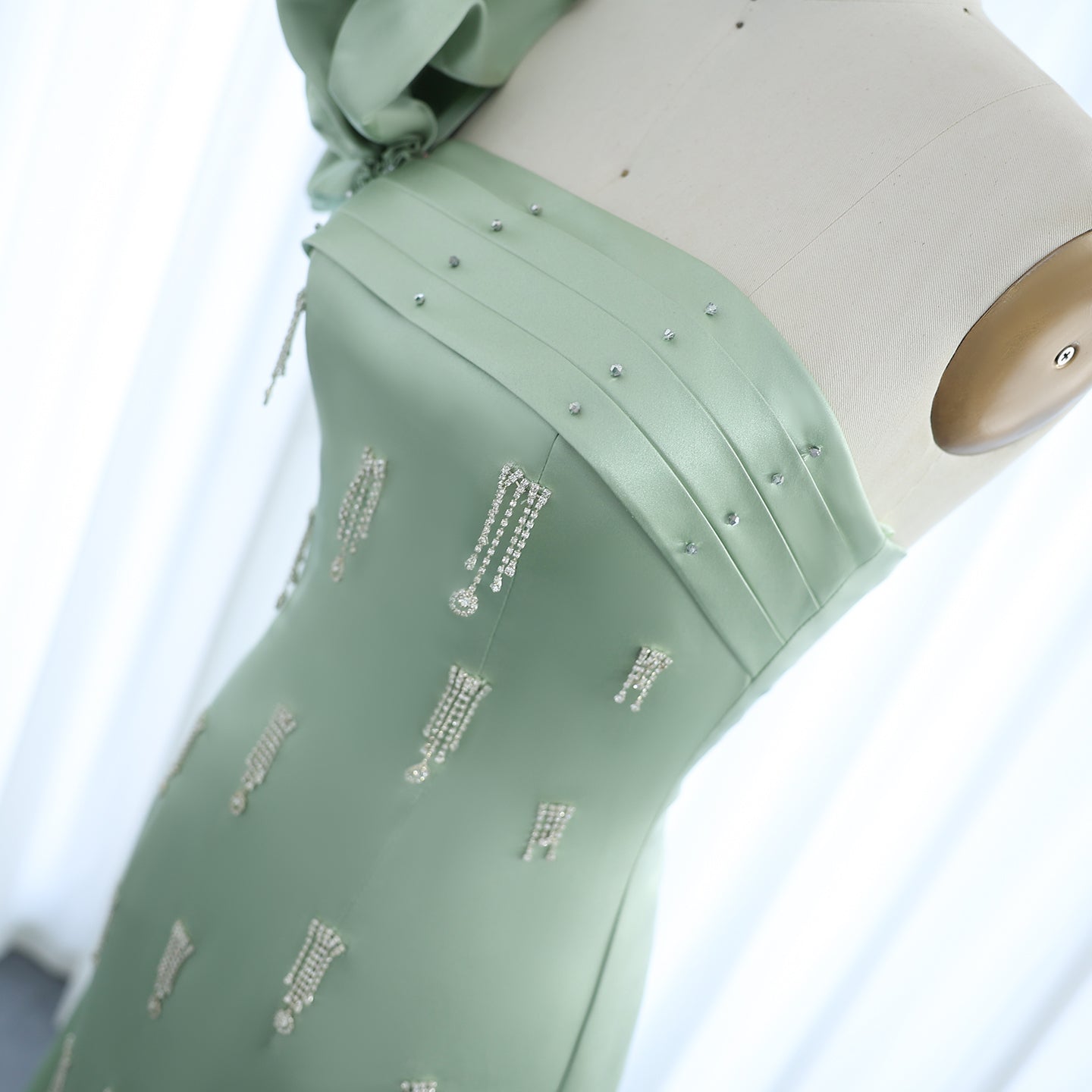 Elegant Crystal Sage Green One Shoulder Evening Dress with Cape SS368