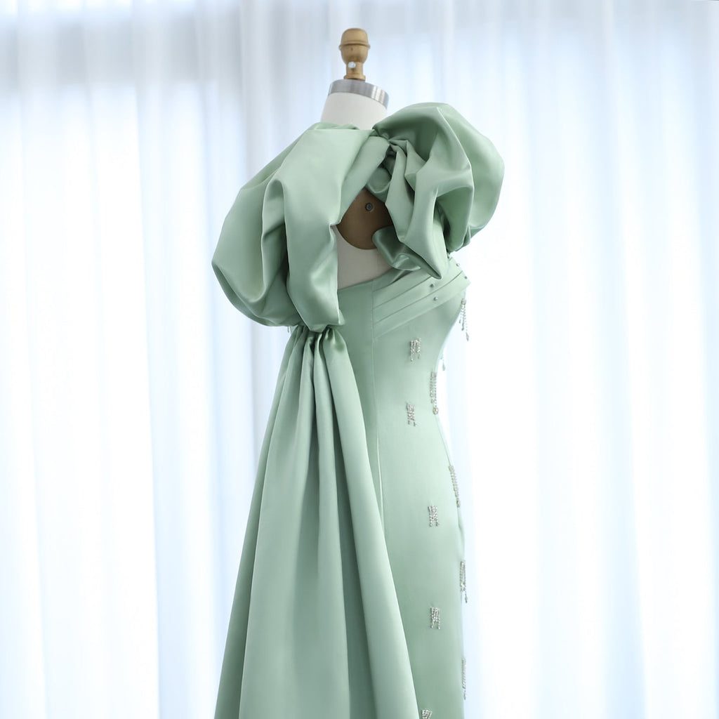 Elegant Crystal Sage Green One Shoulder Evening Dress with Cape SS368