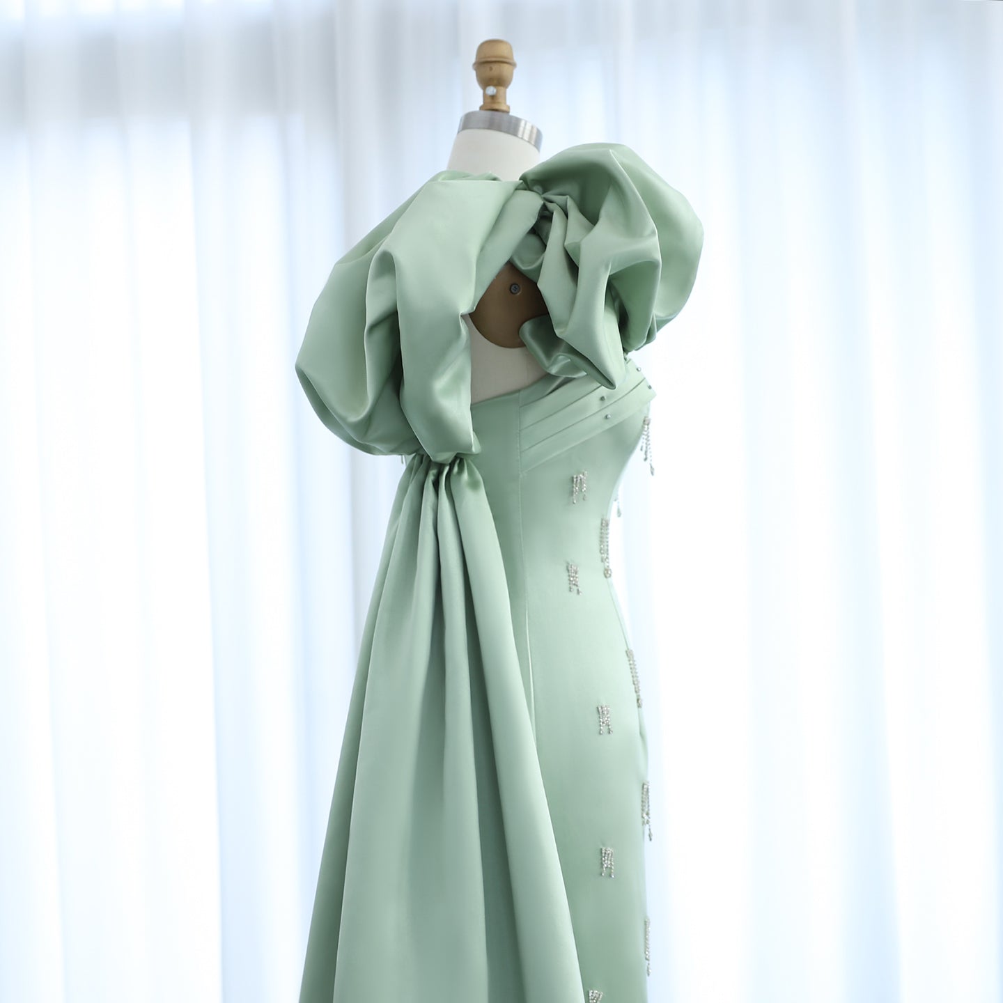Elegant Crystal Sage Green One Shoulder Evening Dress with Cape SS368