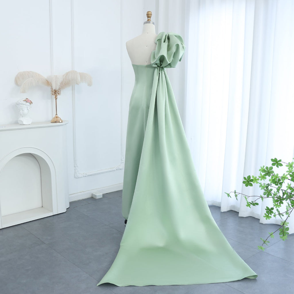 Elegant Crystal Sage Green One Shoulder Evening Dress with Cape SS368