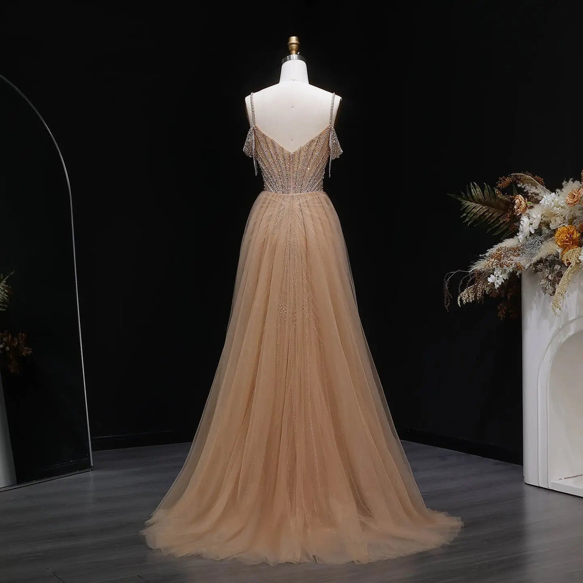 Luxury Green Spaghetti Strap Beaded Evening Dress with Overskirt SS121