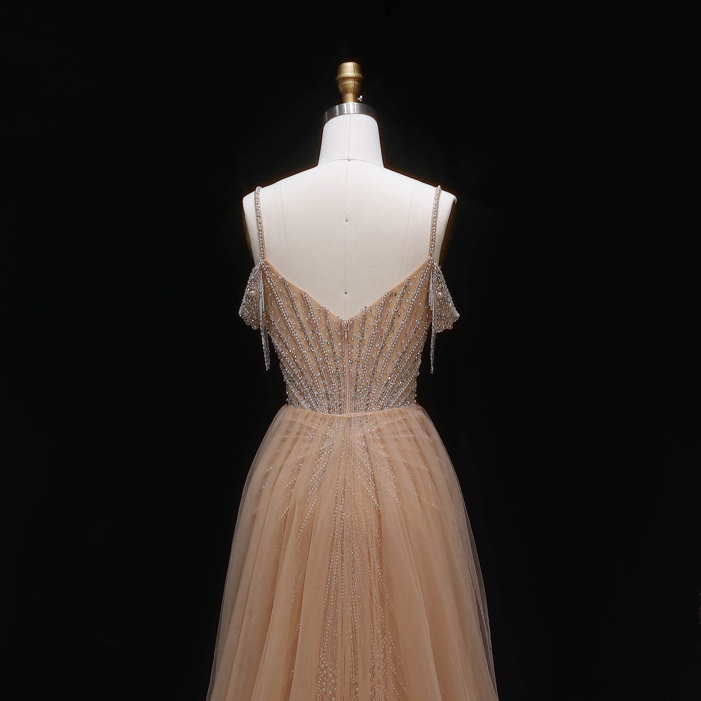 Elegant Green Spaghetti Strap Beaded Evening Dress with Overskirt SS121