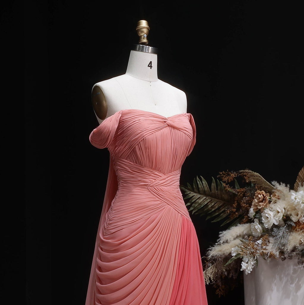 Luxury Pink Ruched Fitted Evening Dress with Overskirt SF424