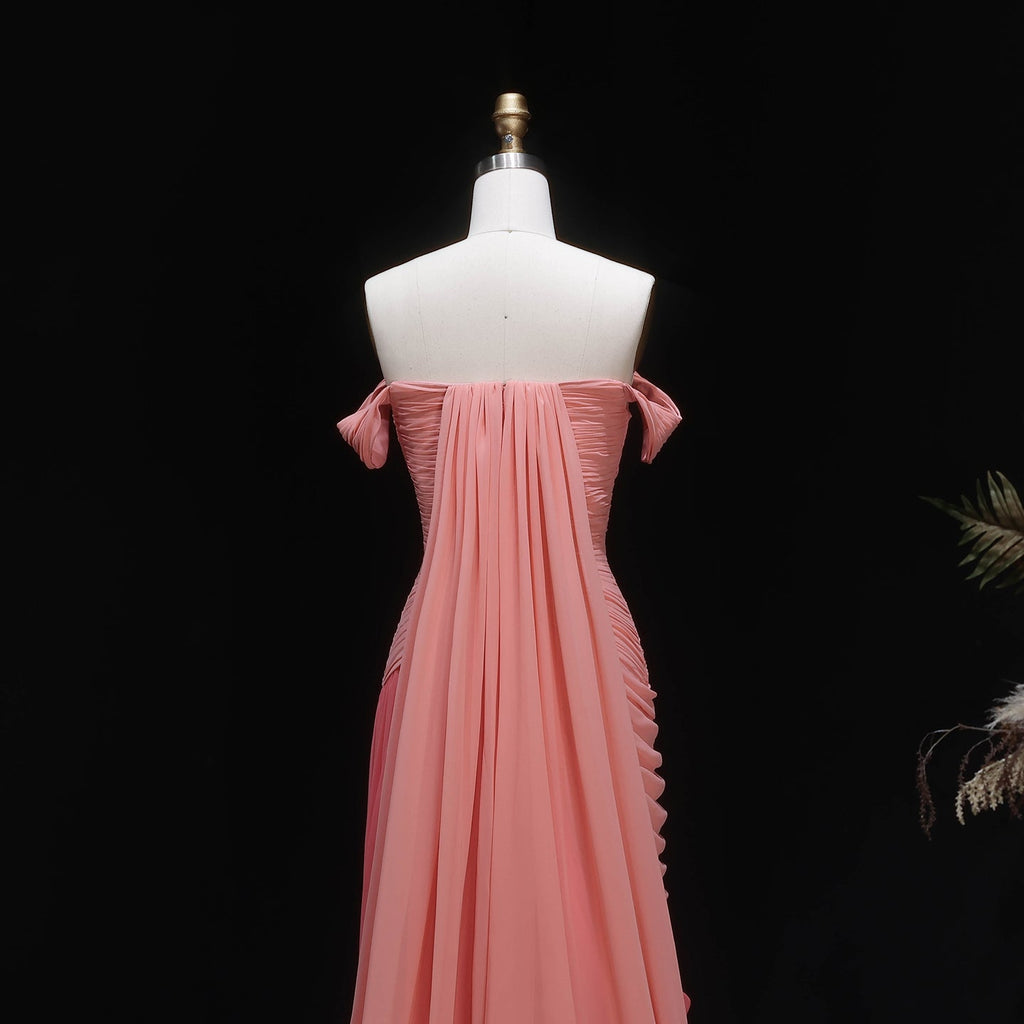 Luxury Pink Ruched Fitted Evening Dress with Overskirt SF424